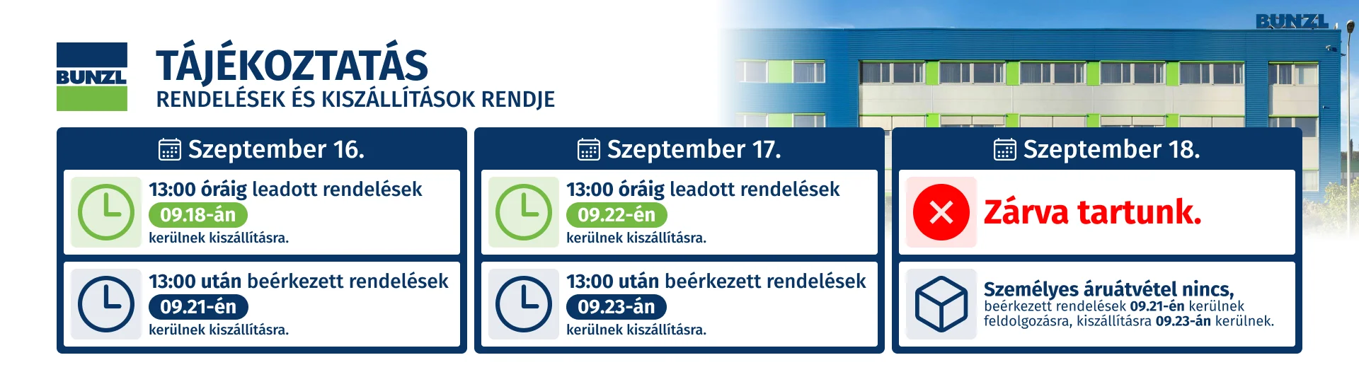 Bunzl 2026 szeptember tájékoztatás: Rendelések és kiszállítások rendje